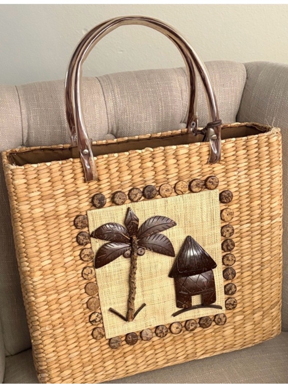 Unique Woven Straw Tote with Palm Tree & Hut Accents - structured frame